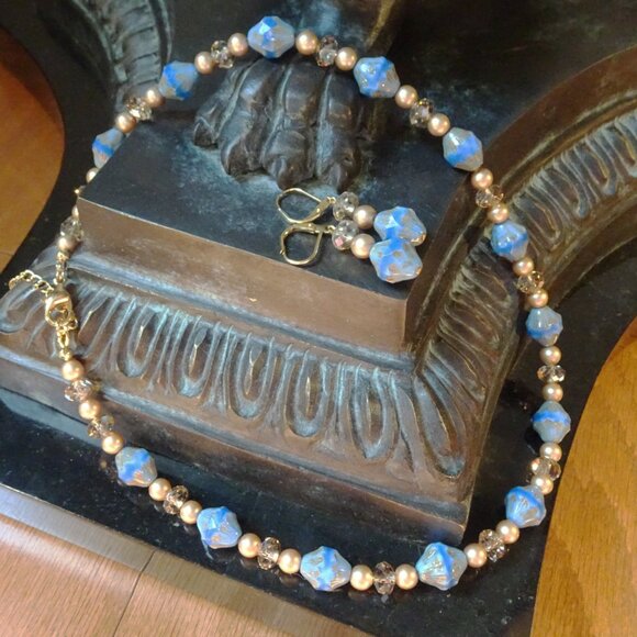 Handmade necklace/earring set with sky-blue Czech bicones and Austrian crystals - Picture 6 of 8